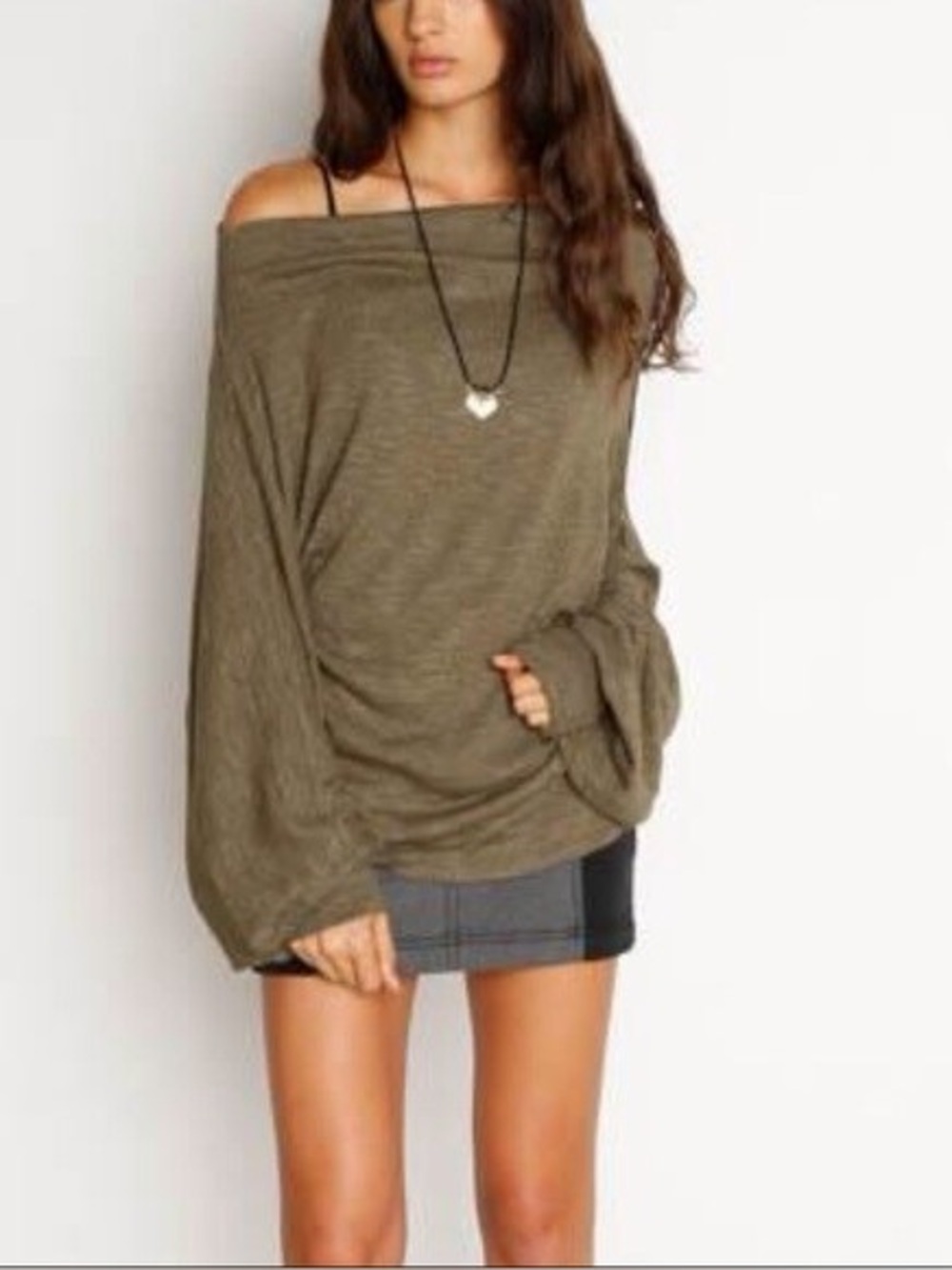 Free People Skyline Thermal Top Size Medium Army Green Off Shoulder Relaxed Boho